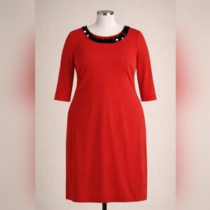 Leslie Fay Red Midi Dress With Black Studded Neck Line- Size 16